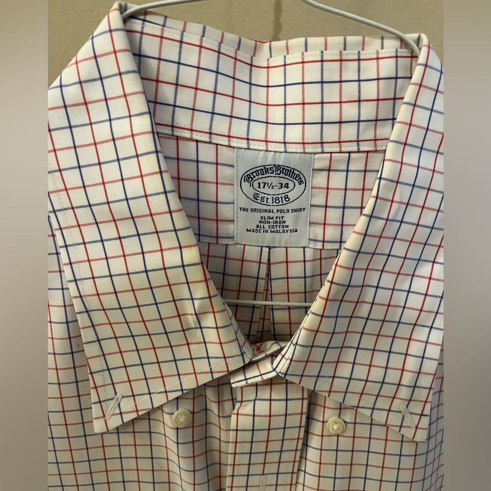 Brooks Brothers button down collar dress shirt in red, wht and blue grid pattern